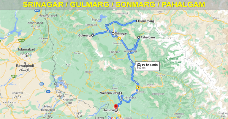 Srinagar To Pahalgam Map